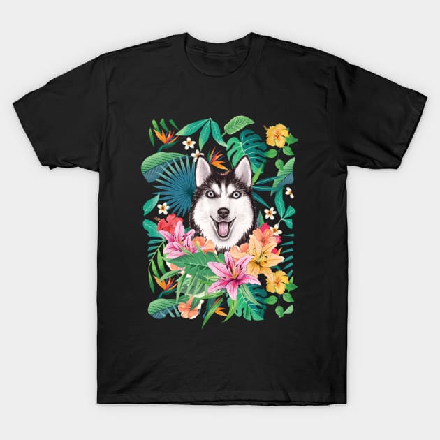 Tropical Black White Siberian Husky 12 T-Shirt by LulululuPainting